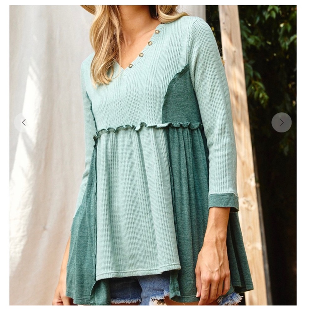 Alex 3/4 Sleeves Boho V Neck BabyDoll Color Block Top - Picture 2 of 6